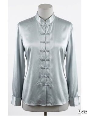 Kate Hill Silver Satin Mandarin Collar Blouse